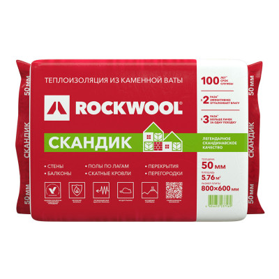 Утеплитель Rockwool Лайт Баттс Скандик 800х600х50 мм 5.76м2 0.288м3 12шт